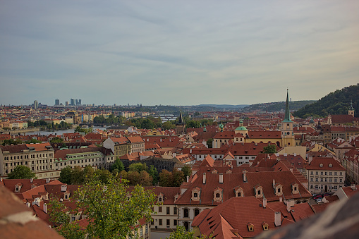Panoramic view of the city of Prague from the observation deck. Streets and architecture of the old city.