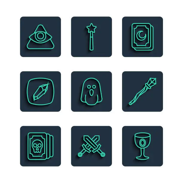 Vector illustration of Set line Tarot cards, Crossed medieval sword, Medieval goblet, Ghost, Magic stone, All-seeing eye of God and staff icon. Vector