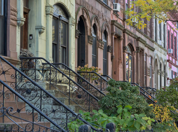 brownstone-detail (bunte historische backstein-wohngebäude in brooklyn) nyc-architektur, häuser auf einem von bäumen gesäumten block im herbst mit herbstlaubfarben (nachbarschaft, flachbau, immobilien) - brooklyn brownstone new york city row house stock-fotos und bilder