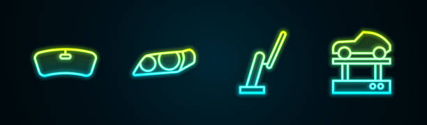 istock Set line Windshield, Car headlight, Windscreen wiper and Repair car on lift. Glowing neon icon. Vector 1803339753