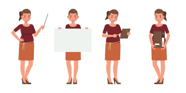 istock Set of working woman wear red shirts color character vector design. Presentation in various action. People working in office planning, thinking and economic analysis. 1803373185