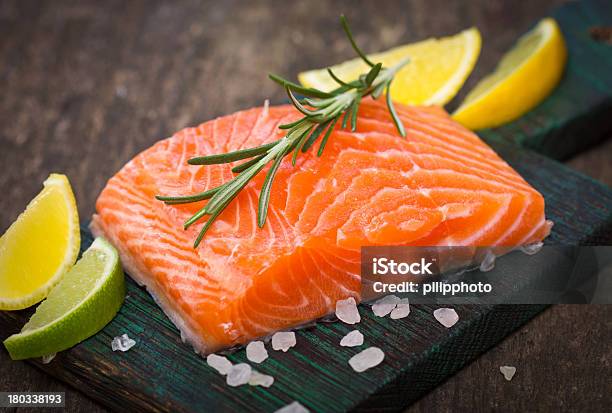 Fresh Salmon Stock Photo - Download Image Now - Backgrounds, Chive, Close-up