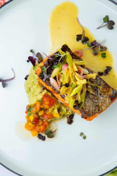 red fish with vegetable sauce and puree on a round plate top view