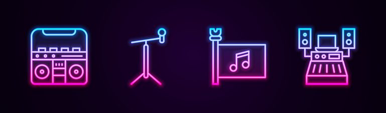 Set line Home stereo with speakers, Microphone stand, Music festival flag and recording studio. Glowing neon icon. Vector