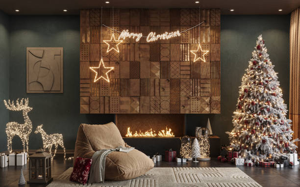 istock Industrial brick living room interior design with Christmas tree and gift boxes. New Year celebration. Loft Apartment, 3d render 1803411721