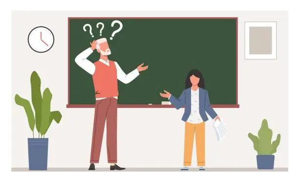 Vector illustration of Bewildered teacher stands at blackboard. Confused man with question sign. Pupil and adult discussion. Teaching genius child. Cartoon flat illustration. Vector education and knowledge concept