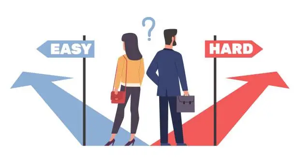 Vector illustration of Business men and women choose between hard and easy way. Crossroad with different path. People making decision to solve problem. Career success. Cartoon flat isolated vector concept