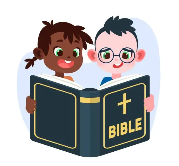 Vector illustration of Children reading bible. Boy and girl hold holy book. Young readers learning religion together. Church literature. Faithful kids. Christian education. Cartoon flat isolated vector concept