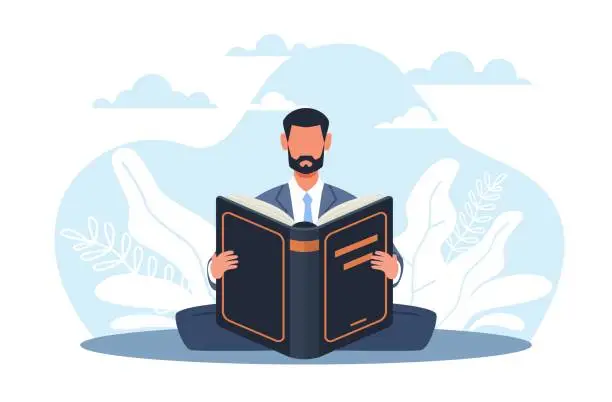 Vector illustration of Business training, businessman reading book. Man sitting in lotus position. Education and knowledge. Corporate learning. Career development. Cartoon flat style isolated vector concept