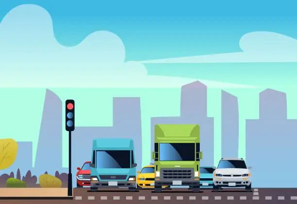 Vector illustration of Cars at intersection waiting for green traffic signal. Truck van and taxi. Automobiles on highway. Urban road. City transport. Minivans and sedans. Cartoon flat isolated vector concept