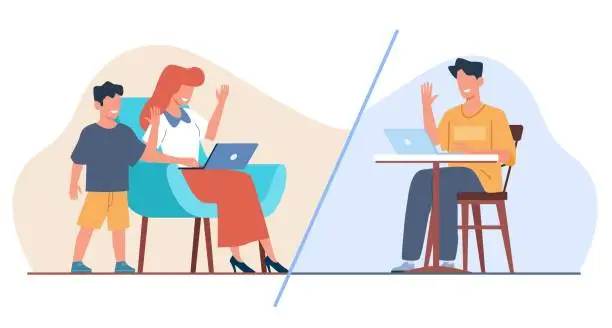 Vector illustration of Husband communicates remotely with family using internet communication. Mother and son at home with laptop. Father sitting at desk in office. Online talking. Cartoon flat vector concept