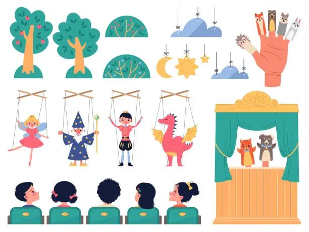 Vector illustration of Cartoon puppet kids theater. Marionettes elf, wizard and dragon, animals finger characters, stage with curtain, scenery for performances, children sit in row. Vector set