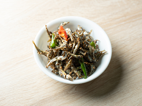 Stir-fried anchovies on a plate, Korean side dish