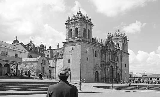 Cathedral Basilica of the Assumption of the Virgin or The Cusco Cathedral on Plaza de Armas Square, Cuzco, Peru, South America in Monochrome