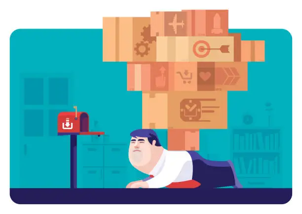 Vector illustration of businessman lying beside mailbox and being trapped by stack of parcels
