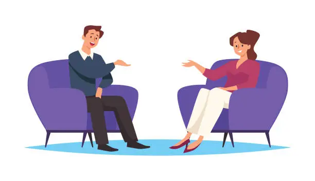 Vector illustration of Interview, two people talking sit in armchairs, flat vector on white