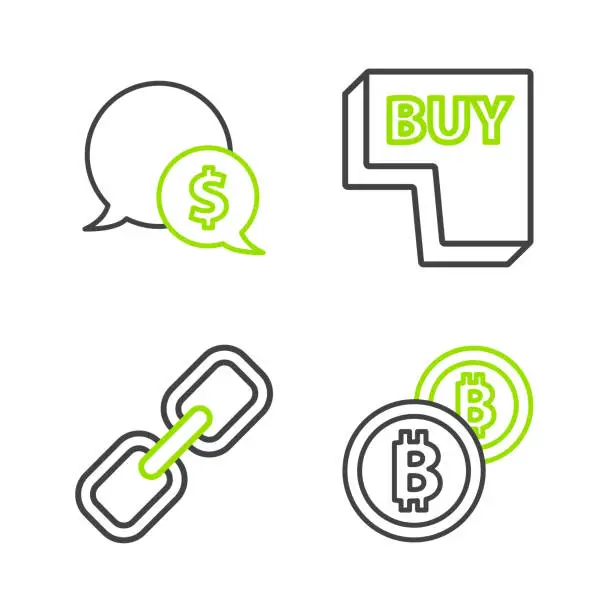 Vector illustration of Set line Cryptocurrency coin Bitcoin, Chain link, Buy button and Speech bubble with dollar icon. Vector