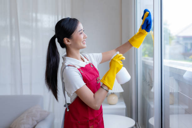 istock Young asian woman cleaning window. 1803453283
