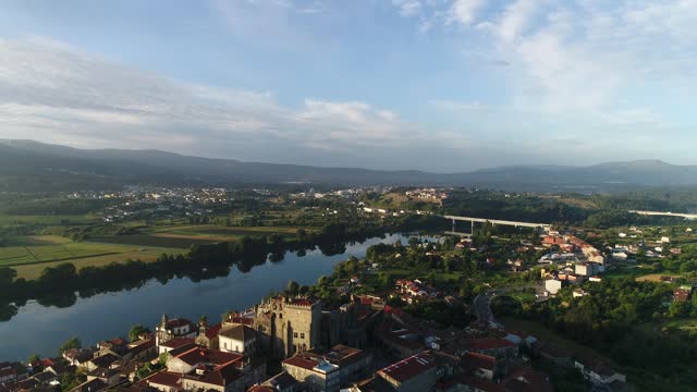 Beautiful city of Tui in Spain and River Minho. Border of Portugal and Spain Aerial View