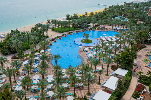 Recreation area of luxury hotel and swimming pool, Ras Al Khaimah, UAE