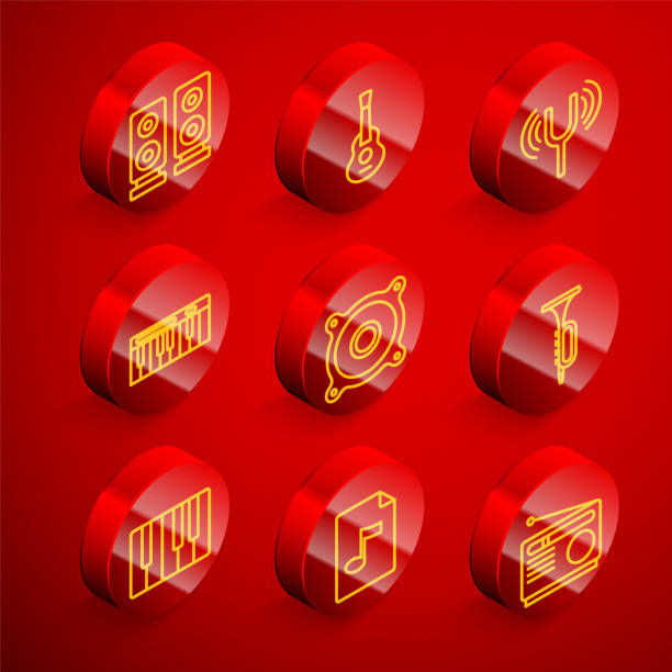 istock Set line Stereo speaker, Guitar, Musical tuning fork, synthesizer, Trumpet, and MP3 file document icon. Vector 1803493130