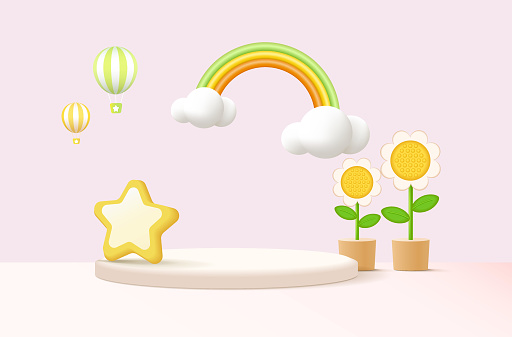 3D rendering podium kid style with colorful pastel background, clouds and weather with space for kids or baby product