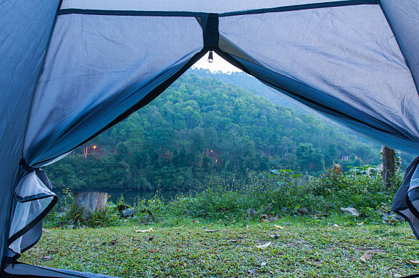 istock Tent standing on a grass side swamps 180349660