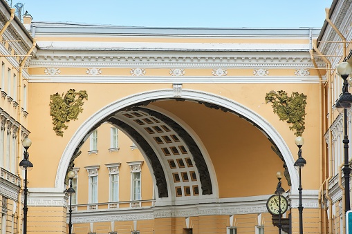 St. Petersburg, Russia-May 27, 2021: An old Admiralty building near the Winter Palace, an arch for passage between streets.