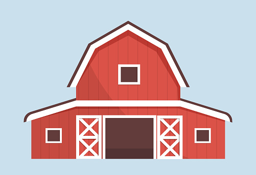 Farm building element concept. Red barn or home. Farming and agriculture. Village and countryside. Sticker for social networks. Cartoon flat vector illustration isolated on lue background