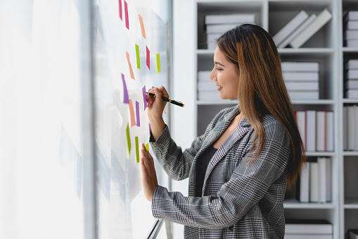 Asian business woman writing something on sticky notes while working on a business plan at office.