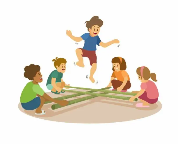 Vector illustration of Bamboo Stick Jump Traditional Game Cartoon illustration Vector