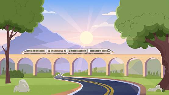 Train at natural landscape concept. Travel and trip. Urban infrastructure. Travelers and tourists in cabin. Beautiful panorama in summer ansd spring day. Cartoon flat vector illustration