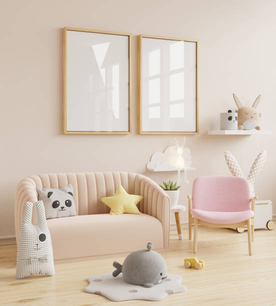 istock kids room wallpaper,Mockup posters in child room interior 1803515708