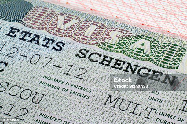 Schengen Visa In Passport Stock Photo - Download Image Now - Schengen Agreement, Authority, Close-up