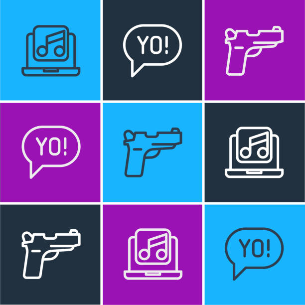 illustrations, cliparts, dessins animés et icônes de définir la ligne ordinateur portable avec de la musique, un pistolet ou un pistolet et une icône de lettrage d’argot yo. vecteur - computer shooting handgun gun