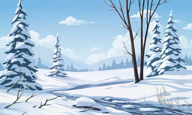 Vector illustration of Stream In Idyllic Winter Landscape