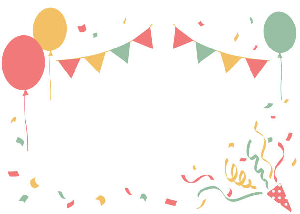 воздушные шары, конфетти, серпантины, флаг и хлопушка для вечеринок - streamer congratulating party popper birthday stock illustrations