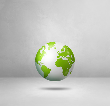 World globe, green earth map, floating over a white background. 3D isolated illustration. Square template