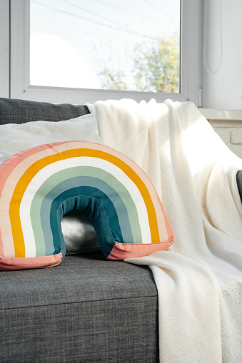 Gray sofa with rainbow pillow near the window close up