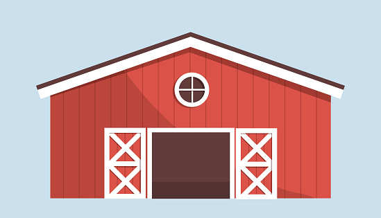Farm building element concept. Red barn or home. Farming and agriculture. Rural village and countryside. Template and layout. Cartoon flat vector illustration isolated on lue background