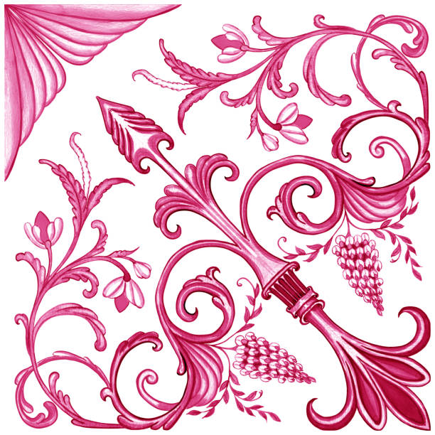 ピンクの色調のセラミックタイルのデザイン。シチリアのシームレスなパターン。バロック様式の水彩画の背景。王室の手作りのオーナメント。地中海イタリアのプリント。 - baroque style wallpaper pink retro revival点のイラスト素材／クリップアート素材／マンガ素材／アイコン素材