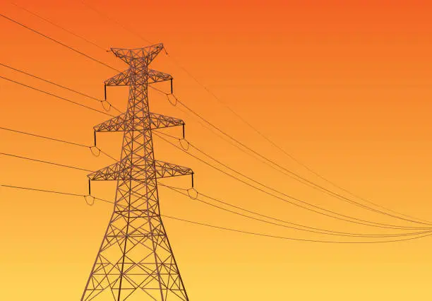 Vector illustration of Power Line tower in sunset