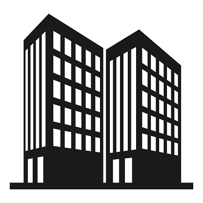 Two commercial building office skyscraper downtown modern architecture black icon isometric vector illustration. Residential apartment structure urban house with window and door construction