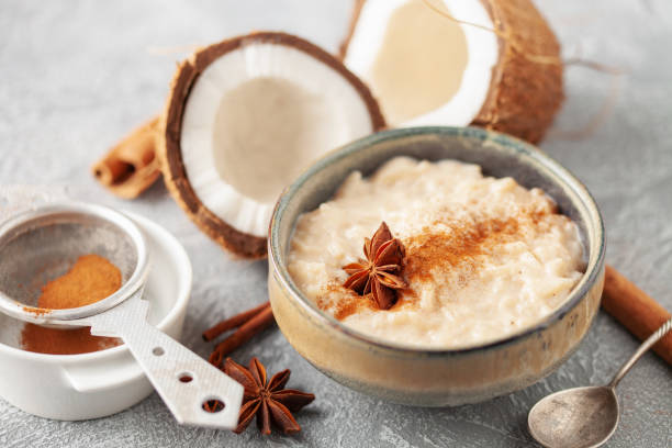 Spanish rice pudding Arroz con Leche in  cream bowl on the table