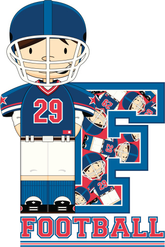 American Football Player Alphabet Learning Letter F.