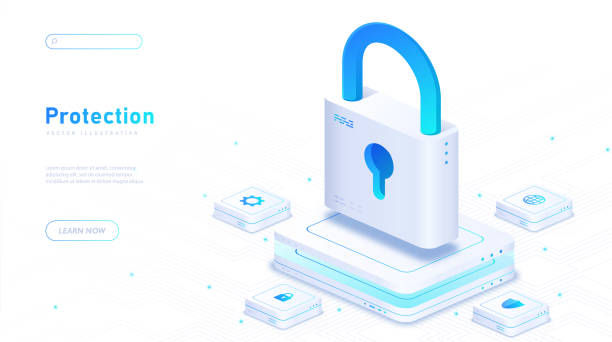 stockillustraties, clipart, cartoons en iconen met protection of data white poster vector - op slot doen