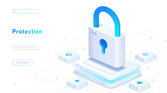 Protection of data white poster. Padlock at computer chip. Safety and security on internet. Landing page design. Cartoon isometric vector illustration isolated on white background