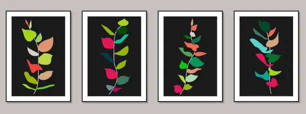 Vector illustration of Vector colors trendy fashion branch and leaves botanical art gallery wallpaper posters card template design backgrounds