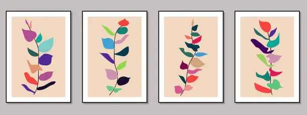 Vector illustration of Vector colors trendy fashion hand drawing branch and leaves botanical art gallery wallpaper posters card template set design backgrounds