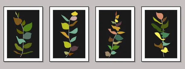 Vector illustration of Vector colors trendy fashion branch and leaves botanical art gallery wallpaper posters card template design backgrounds
